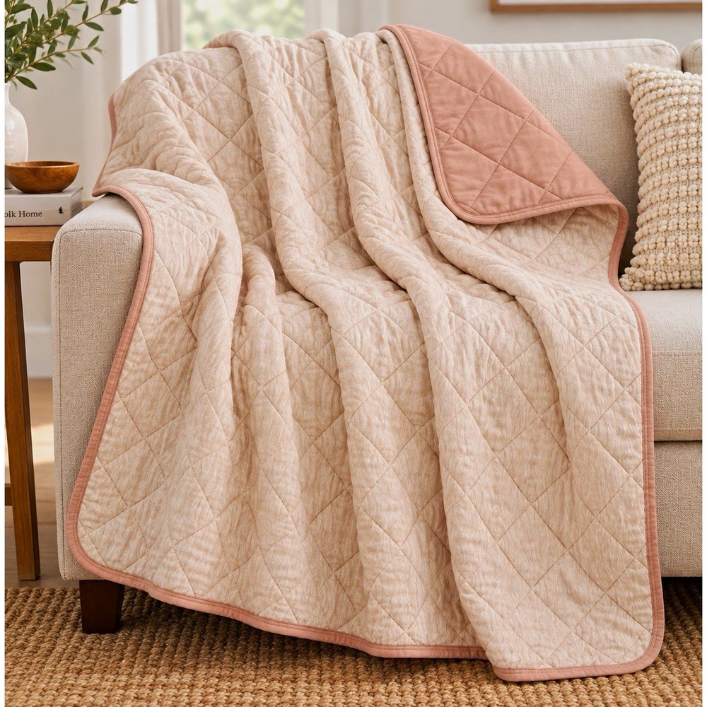 Sutton Place Collection Throw Blanket 60x70 Pink Beige Reversible Quilted Cozy